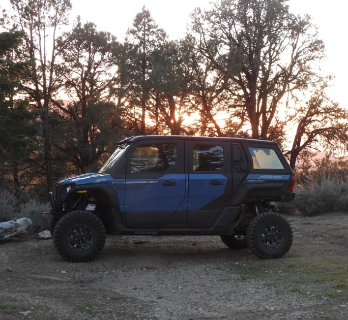 A blue jeep parked in the dirt near trees.